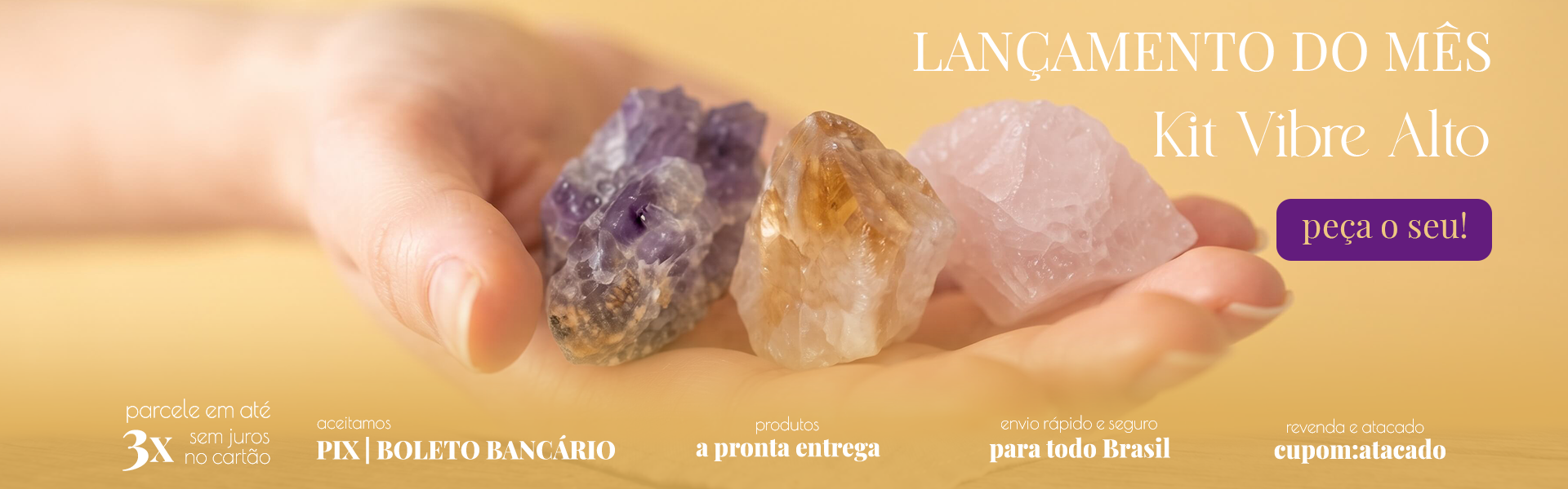 Kit Vibre Alto: 3 Pedras Brutas de Sabedoria, Alegria e Alívio Diário
