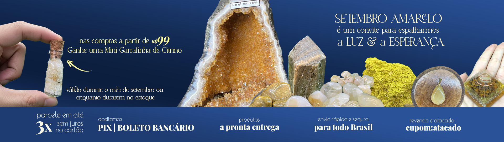 Setembro Amarelo - Brinde Minas Cristais Mini Garrafinha de Citrino